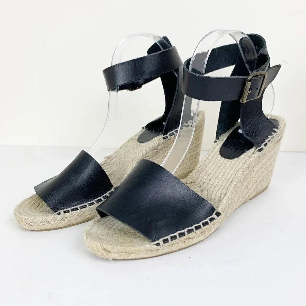 J Crew Black Leather Corsica‎ Ankle Strap Peep-Toe Espadrilles Sz 11